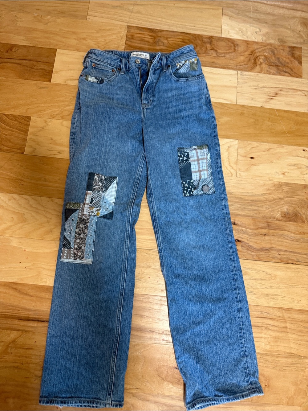 Abercrombie & Fitch Blue Straight-Leg Jeans with Patchwork